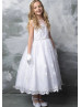 White Embroidered Organza Flower Girl Dress Communion Dress